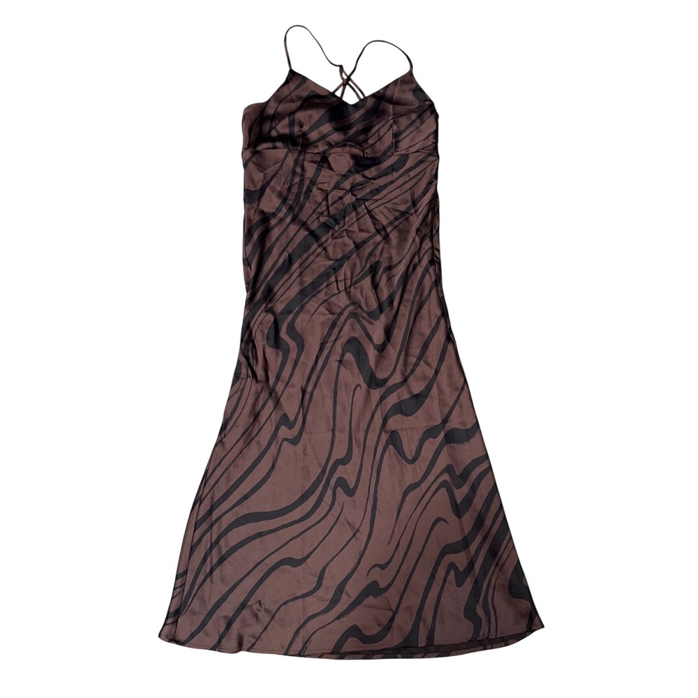 House of Harlow 1960 Brown Black Abstract‎ Swirl Satin Midi Slip Dress Large